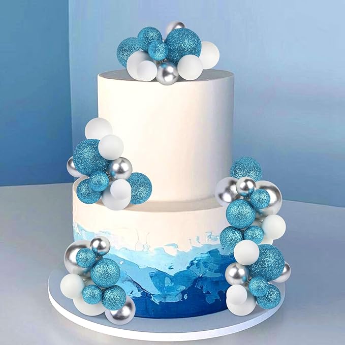 52 Pcs Ball Cake Decorations - Teal Blue White Silver Ball Dessert Picks Cake Cupcake Toppers, Birthday Party Baby Shower Gender Reveal Cake Supplies