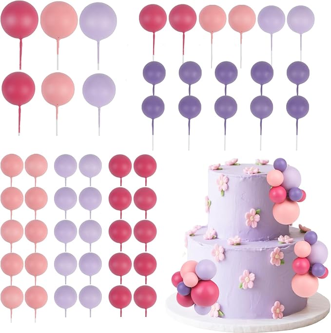 52 Pcs Ball Cake Decorations - Light Dark Pink Purple Ball Dessert Picks Cake Cupcake Toppers, Birthday Party Baby Shower Gender Reveal Cake Supplies