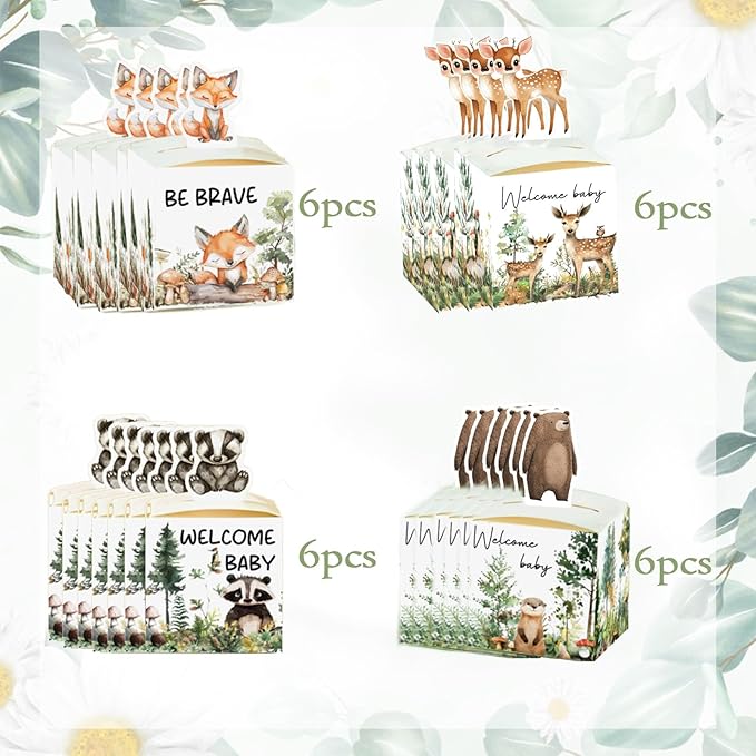 QZCYU 24 Pcs Woodland Baby Shower Decorations, Forest Animals Themed Baby Shower Party Decor for Candy Gift Boxes Birthday Party Favors