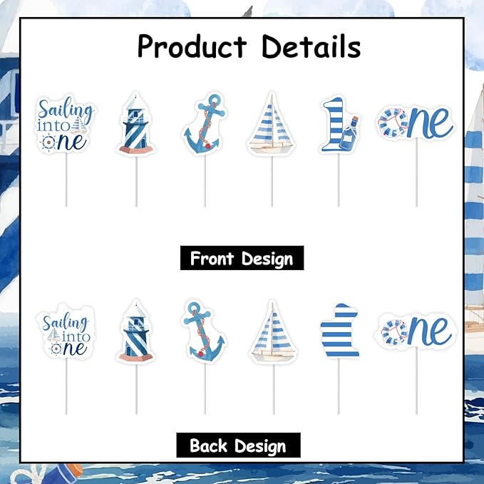 24pcs Nautical 1st Birthday Cupcake Topper Nautical First Birthday Decorations Sailing Into One Party Decoration Ocean Sailor Lighthouse Boat Anchor Party Cake Decoration for Little Captain