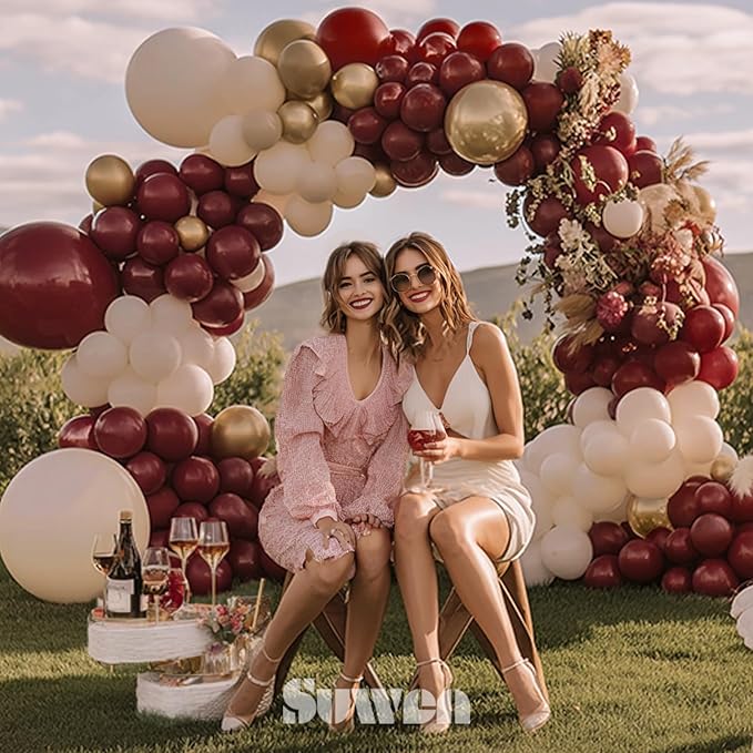 SUWEN 153Pcs Burgundy Balloons Garland Arch Kit with Dark Maroon Foil Burgundy Sand White and gold Balloons for Happy Birthday Christmas Wedding Valentines Party Decorations