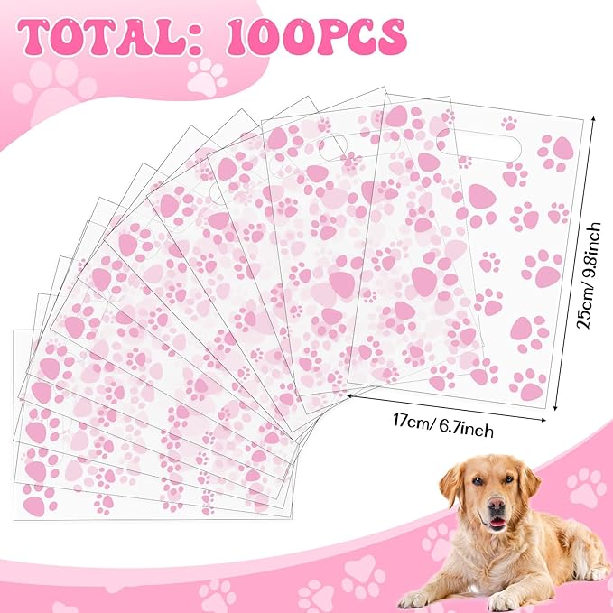 Pasimy 100 Pcs Dog Paw Gift Bags Bulk Pet Paw Puppy Plastic Treat Favor Candy Goodie Bags with Handle for Dog Birthday Party Decoration Supplies(Clear Pink)