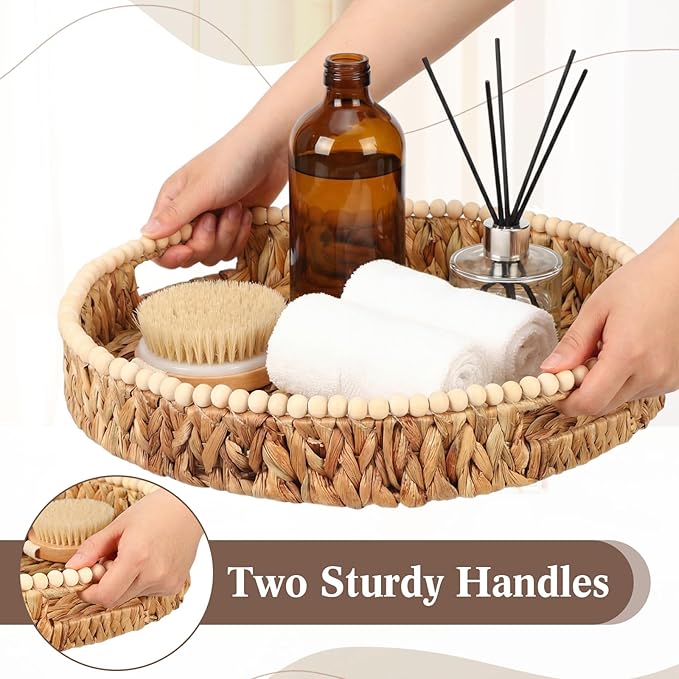 Round Wicker Tray 16'' Water Hyacinth Woven Tray with Handles Decorative Large Serving Trays for Coffee Table for Kitchen, Living Room, Bedroom Home Decor(Water Hyacinth)