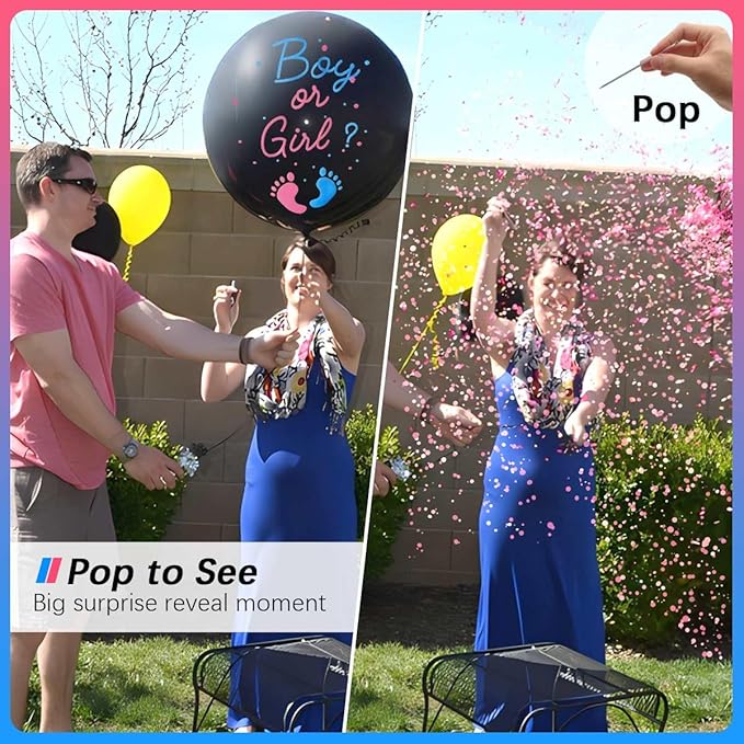 Gender Reveal Balloon Pop Ideas, 2pcs 36" Jumbo Black Baby Boy or Girl Balloons, with Blue Pink Confetti for Revelacion de Sexo de Bebe