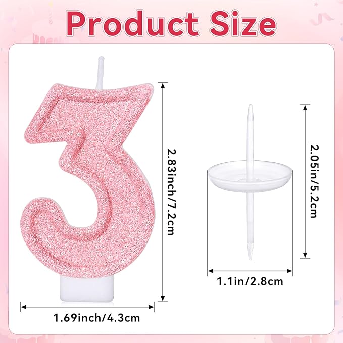 Cute Number 3 Birthday Candle, Glitter Pink Number Candles, Birthday Cake Topper Decoration, Party Supplies Anniversary Celebrations