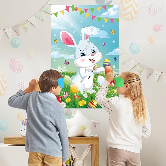 Pin The Tail on The Bunny Game with 36 Pcs Tails, Large Easter Bunny Party Games Poster for Kids Easter Party Supplies, Carnival Birthday Party Decoration