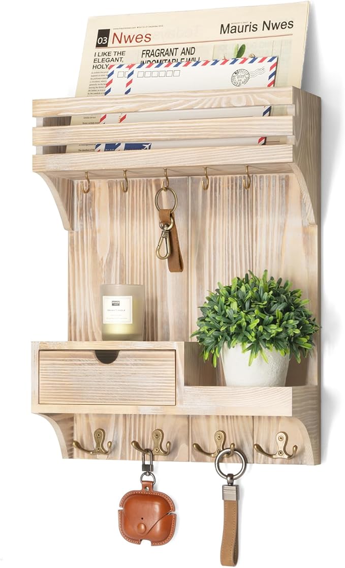 Rebee Vision Decorative Key Holder Wall Mount with Mini Drawer Organizer - Farmhouse Key Holder for Wall with Mail Organizer & 9 Key Hooks - Ideal Room Decor Aesthetic (Natural Wood)