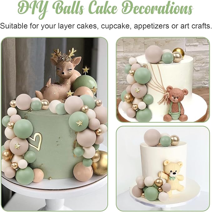 115 PCS Ball Cake Toppers - Mini Balloon Cake Decorations Matcha Green Light Brown Khaki Gold Foam Ball Cupcake Picks DIY Cake Insert Toppers for Baby Shower Birthday Party Wedding