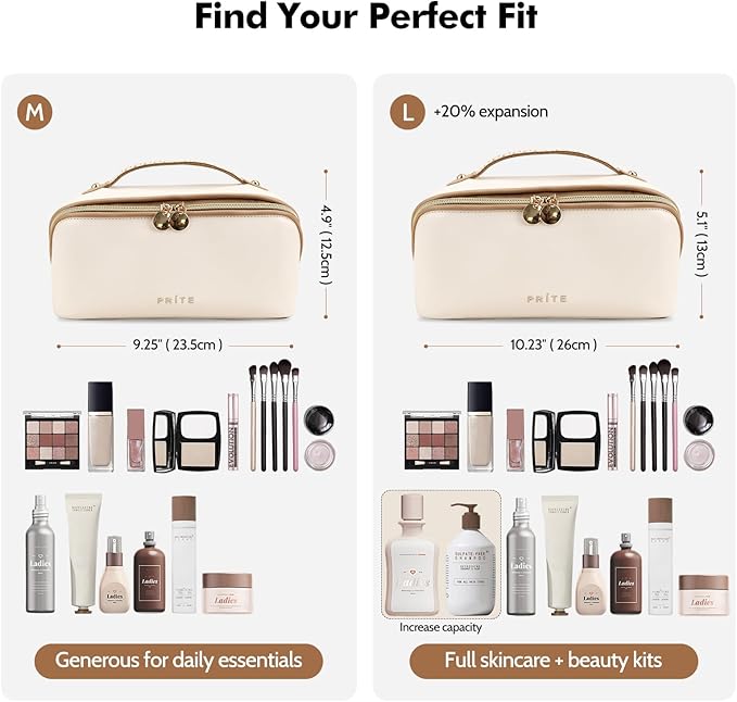 Prite Makeup Bag for Women Travel Waterproof Vegan Leather Cosmetic Bag Open Flat Toiletry Bag With Clear Divider and Handle (Beige, Large)