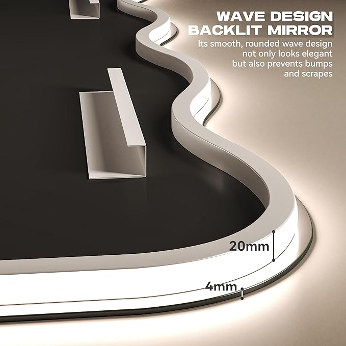Hasipu Wavy Full Length Mirror with Lights - 40"×32" LED Wavy Floor Mirror, Frameless, Dimmable, Standing or Vertical/Horizontal Wall-Mounted Mirror for Bedroom, Living Room, Cloakroom