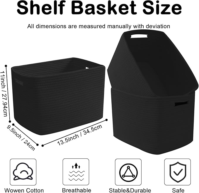 3 Pack Woven Rope Storage Baskets for Organizing,13.5"×11"×9.5" Storage Bins for Shelves,Perfect for Toys,Books,Towels,Clothes,Empty Gift Baskets for Nursery,Living Room&Bedroom(Black)