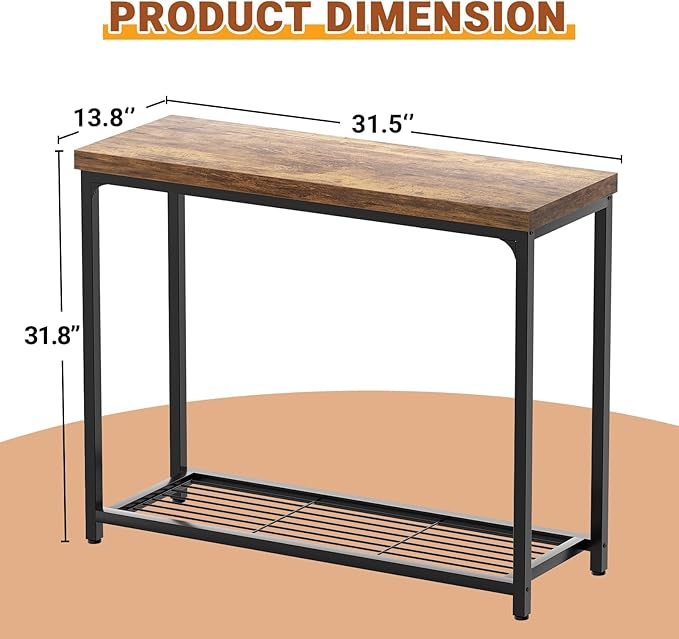 Besiost 32" Small Console Table with 2-Tier Storage, Industrial Narrow Entryway Table, Sofa Table Behind Couch for Hallway, Foyer & Living Room, Sturdy Metal Frame, Rustic Brown