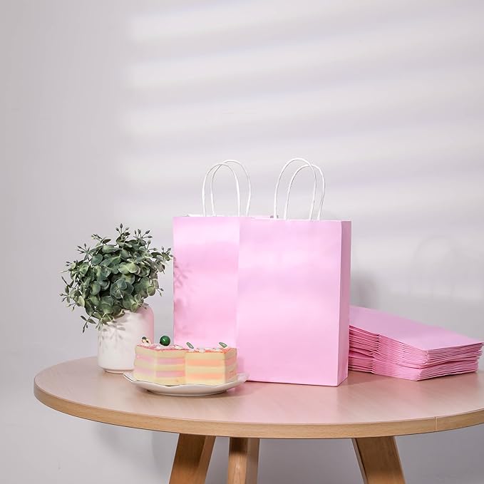 SUNCOLOR 12-Pack Pink Gift Bags with Handles, 7.9x5.12x3.15 Inches Kraft Paper Party Favor Bags for Baby Showers, Birthdays, Weddings