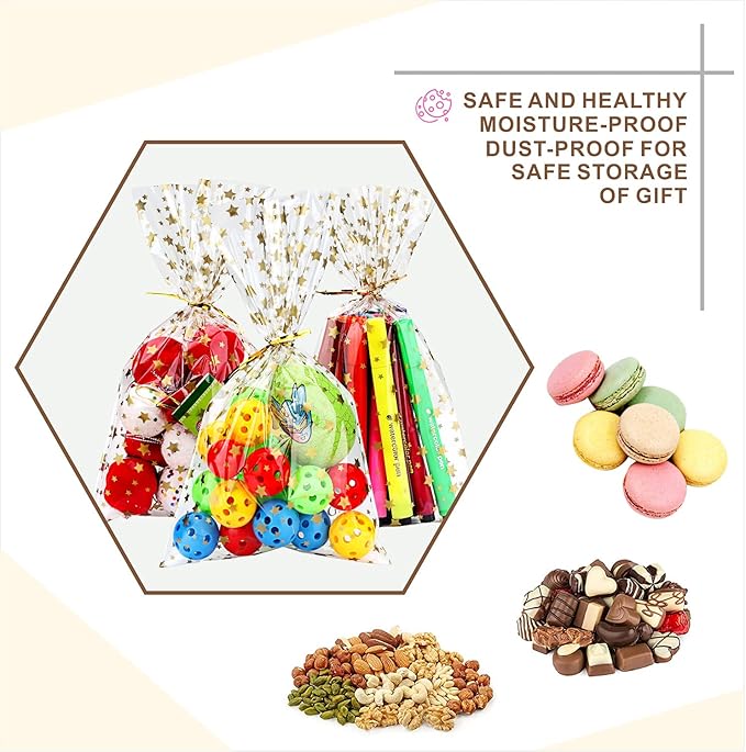 100Pcs Cellophane Treat Bags,4 X 9 Inches Gold Star Printed Clear Cellophane Bags,100 Twist Ties, for Cookies, Chocolate, Bakery, Party Favors, Gift Wrapping, Holiday & Classroom Gifts