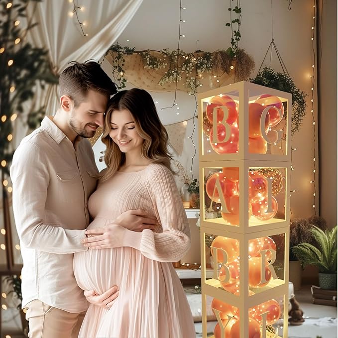 Baby Girl Balloon Boxes 4pcs Clear Baby Blocks With Letters 4 Pack Led Fairy String Lights And 36pcs Balloons For Princess, Bunny And Berry Sweet Baby Shower Pink Fairy Shower Decorations