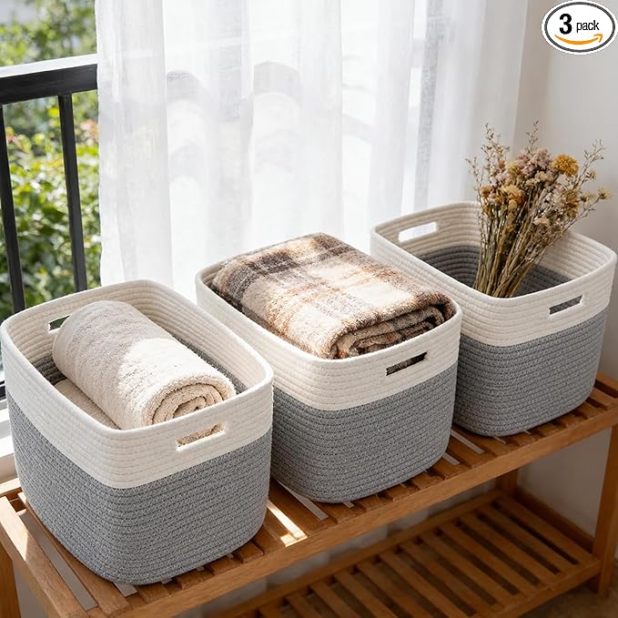 3 Pack Woven Rope Storage Baskets for Organizing,13.5"×11"×9.5"Storage Bins for Shelves,Perfect for Toys,Books,Towels,Clothes,Empty Gift Baskets for Nursery,Living Room&Bedroom(White&Grey)