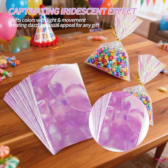 Amzlysdok 100PCS Iridescent Cellophane Bags,5 x 7 Inches Treat Bags with Twist Ties for Candy, Snacks, Cookies,Party Favors, and Gift Wrapping