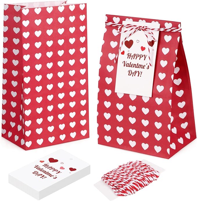 Fowecelt 24Pcs Valentines Day Gift Bags for Kids Red Party Favors Bags Goodie Snack Candy Paper Treat Bag with Cards for Valentines Party Favors Student Sclool Classroom Parties Decoration