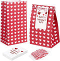 Fowecelt 24Pcs Valentines Day Gift Bags for Kids Red Party Favors Bags Goodie Snack Candy Paper Treat Bag with Cards for Valentines Party Favors Student Sclool Classroom Parties Decoration