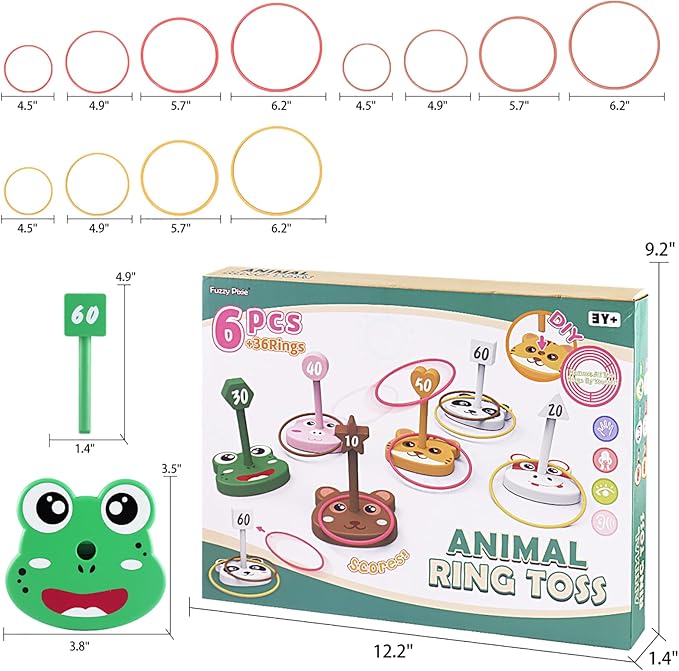 Animal Ring Toss Game Toy Set for Kids, 6 Targets Stands & 36 Rings Combo, Indoor Outdoor Party Yard Family Adults Activity, Holiday Present Birthday Gift for Toddlers Boys Girls Child Ages 3+