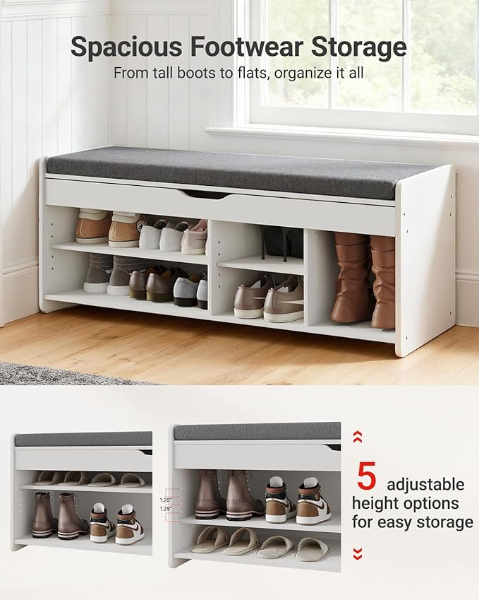 Pipishell Shoe Storage Bench, 2-Tier with Cushioned Seat, Entryway Bench with Adjustable Shelf & Barn Doors, 300 lbs Capacity, 47.2" x 15" x 18", for Entryway, Bedroom, Living Room, White