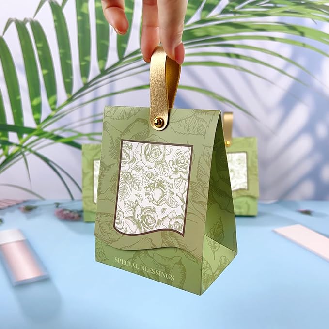 20PCS Rose Goodie Bags, Mini Gift Bags with PU Handle for Party Favors Treat Boxes Wedding Bridal Baby Shower Birthday Party Presents 3.9"x2.6"x1.4"(Light Green)