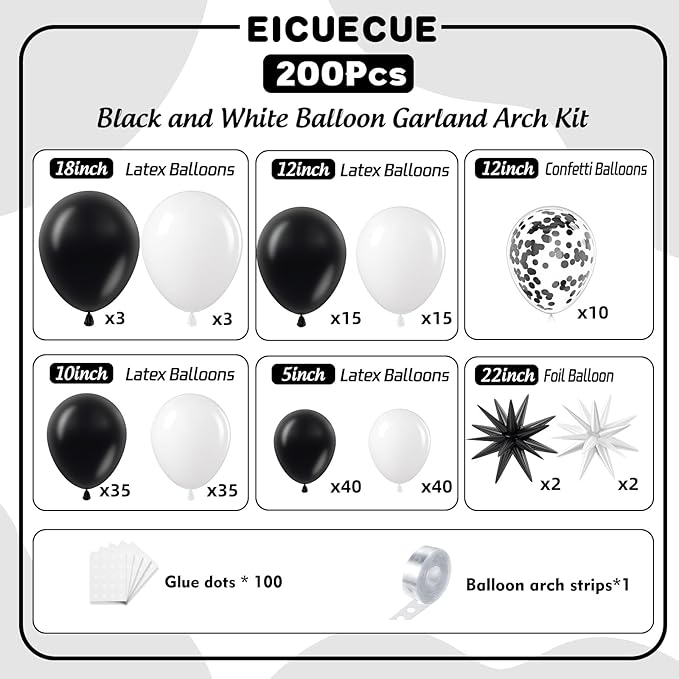 Black and White Balloons Garland Arch Kit with Stars 200Pcs - 5 10 12 18 22 inch Balloon and Confetti Latex Balloons for 2025 Graduation Birthday Anniversary New Year Theme Party Decorations