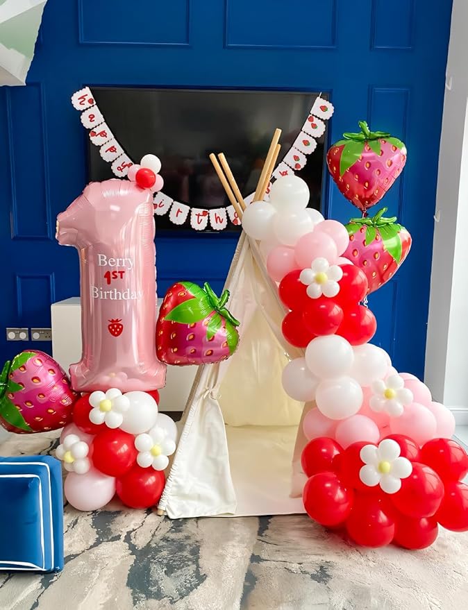Strawberry Balloon Arch Garland Kit,130Pcs Pink Red Balloons with Large Strawberry Foil Balloon, Red Polka Dot, Green Balloon for Girl Berry First/Sweet One Birthday Party Decoration