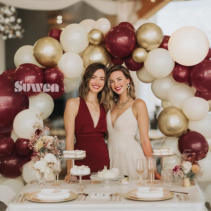SUWEN 153Pcs Burgundy Balloons Garland Arch Kit with Dark Maroon Foil Burgundy Sand White and gold Balloons for Happy Birthday Christmas Wedding Valentines Party Decorations