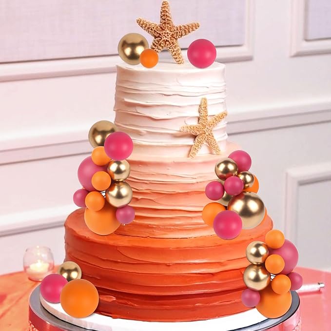 52 Pcs Ball Cake Decorations - Pink Gold Orange Ball Dessert Picks Cake Cupcake Toppers, Birthday Party Baby Shower Gender Reveal Cake Supplies