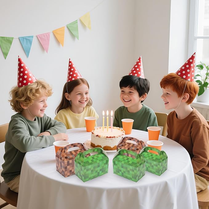 18pcs Pixel Theme Gift Box Bags, 2 Colors Pixel Candy Treat Boxes with Handles Video Game Goodie Party Favors for Boy Girls Birthday Game Party Supplies (Green & Brown)