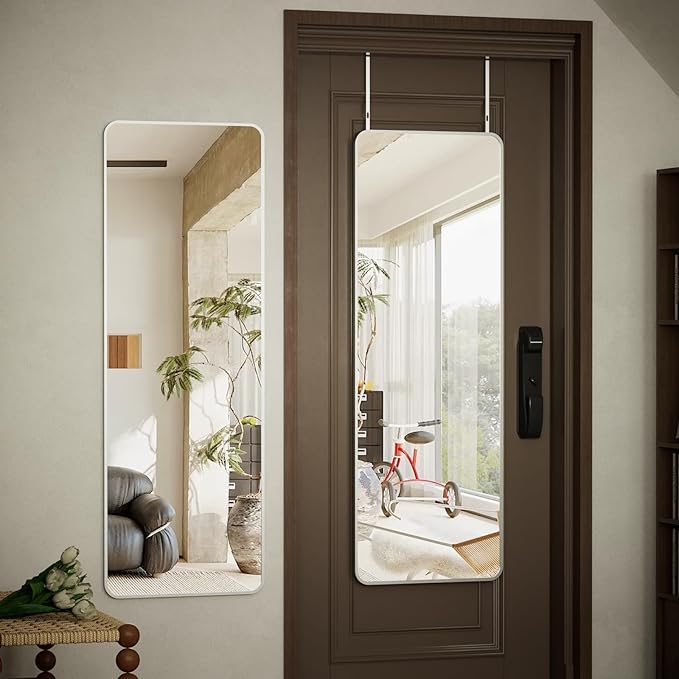 BEAUTYPEAK 14"x48" Full Length Over The Door Mirror, Aluminum Alloy Frame Full Body Mirror with Height-Adjustable Hangers, Hanging Mirrors for Bedroom, Living Room, Bathroom, Silver