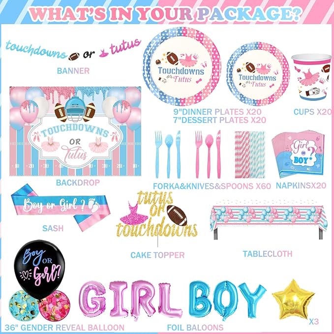 Touchdowns or Tutus Gender Reveal Decorations, Pink Blue Boy or Girl Party Supplies Backdrop Banner Balloon Garland Tablecloth Cake Topper Plate Napkin Cup Straw Knife Spoon Fork Sash 230 PCs