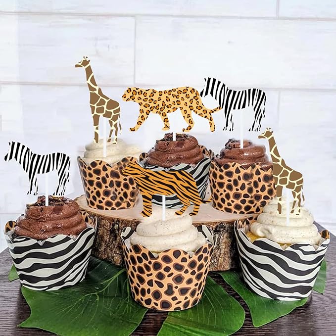 Wild One Cake Topper Jungle Animals Cupcake Toppers, Leopard Cheetah First Birthday Decorations Jungle Safari Zoo Theme Party Cake Supplies 25 Pack