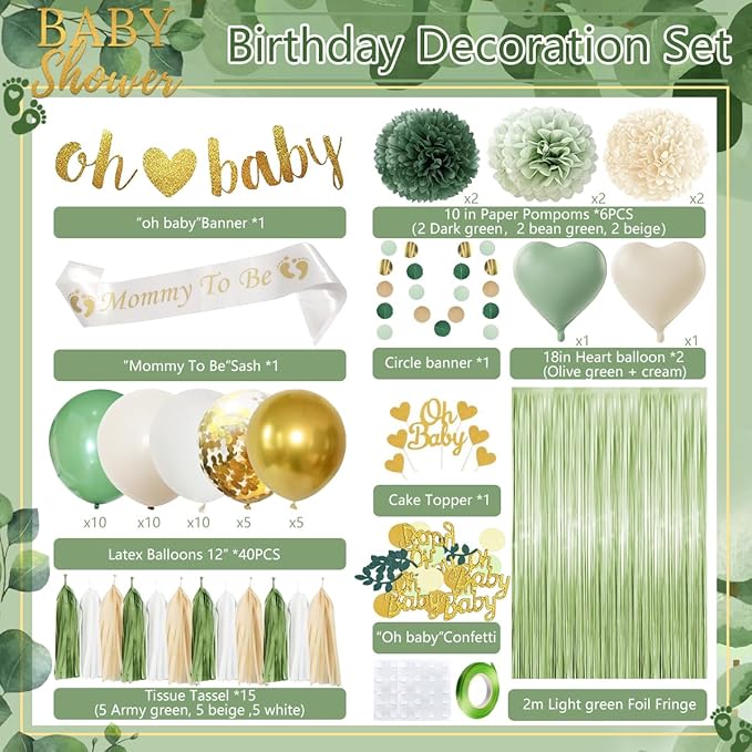 Baby Shower Decoration, Sage Green Gender Neutral Baby Shower Party Decorations with Balloons, Oh Baby Banner, Pom Poms, Cake Topper, Confetti, Mom To Be Shoulder Sash for Boy Girl Baby Showers Decor