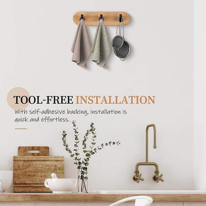 Nekon Bamboo Key Holder for Wall, Wall Mount Key Organizer with 3 Hooks, Decorative Coat Rack for Entryway, Kitchen, Bedroom, Bathroom (Black Hooks)