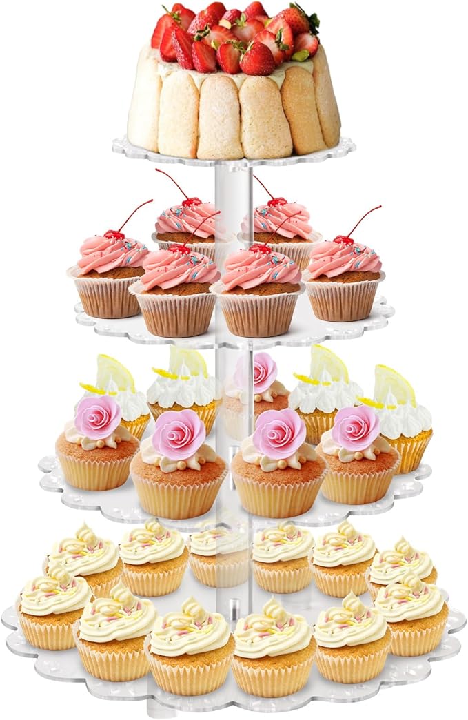 Gowing 4 Tier Cupcake Stand, Floral Decoration Cupcake Display Stand with Base, Acrylic Clear Tiered Dessert Stands for Party