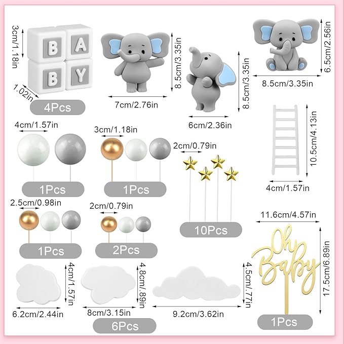 Yinder Bear Cake Toppers Mini Bear Cake Decorations Cake Toppers Gold White Pearl Ball for Birthday Party Decorations(Gray,Elephant Style)