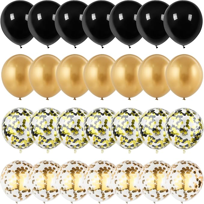 Isndare Black and Gold Confetti Balloons, 12 Inch Black Metallic Gold Latex Black Golden Helium Balloons for Wedding Birthday Anniversary New Year Party Celebration Decorations Is-02