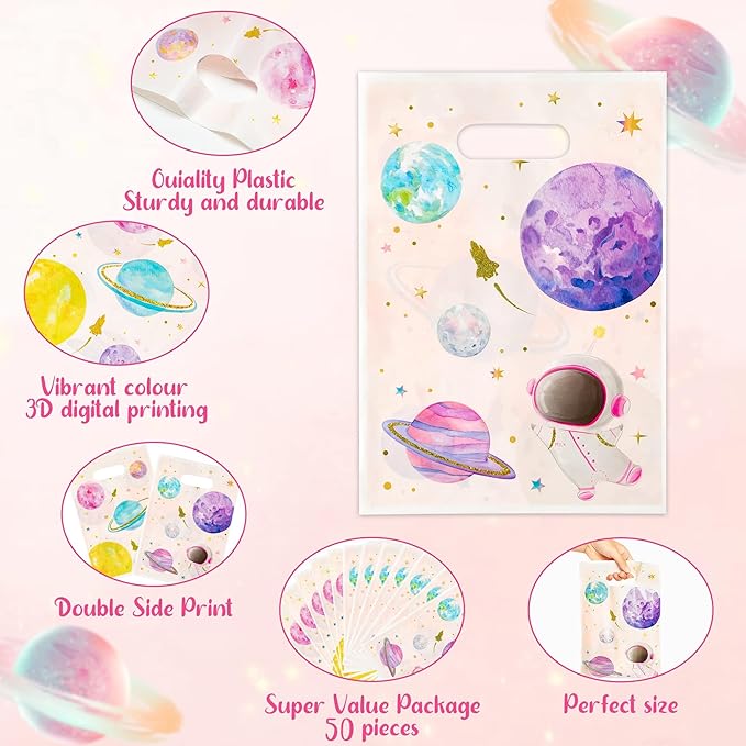 ANGOLIO 50PCS Pink Space Theme Party Bags - Solar System Planet Treat Bags for Kids Birthday Favors, Baby Shower Decorations & School Candy Supplies