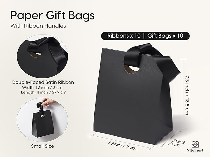 Vitalizart Paper Gift Bags With Ribbon Handles Set of 10 Black Bulk Reusable For Gift Wrap Girls Kids Birthday Bridal Shower Party Favors Goodie Bags Candy Christmas 5.91"x3.54"x7.28" Small