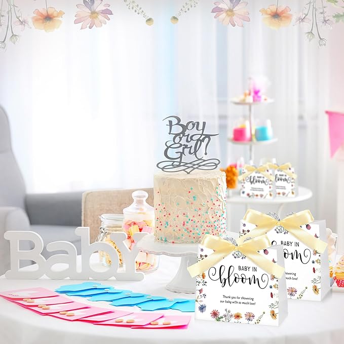 Spakon 25 Sets Baby in Bloom Baby Shower Party Favors Bags Wildflower Gift Bags with Handle and Bow Ribbon for Birthday Party Supplies Decoration