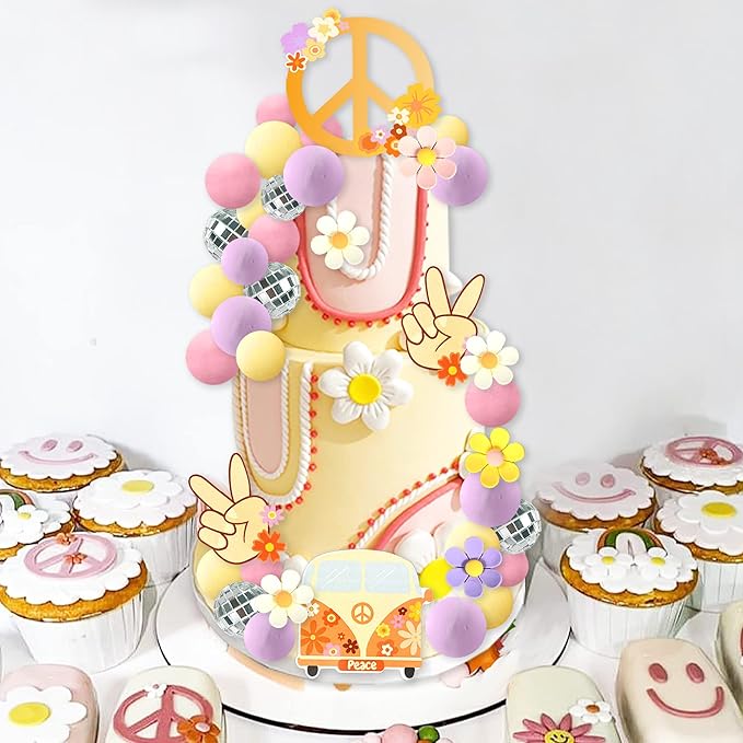 45 PCS Groovy Cake Toppers Boho Cake Topper Hippie Party Decorations with Flower Bus for Girl Birthday Party Boho Groovy Party Supplies (Style 1)