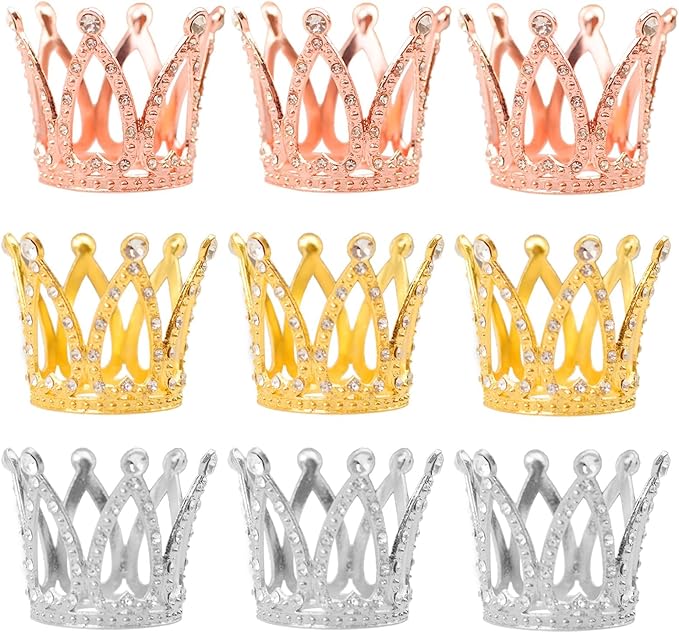 9PCS Crown Cake Topper Mini Tiara for Flower Arrangements Vintage Pearl Rhinestone Crown Cake Topper Cupcake Topper Cake Decorations for Birthday Wedding Anniversity Party Baby Shower (3 Colors)