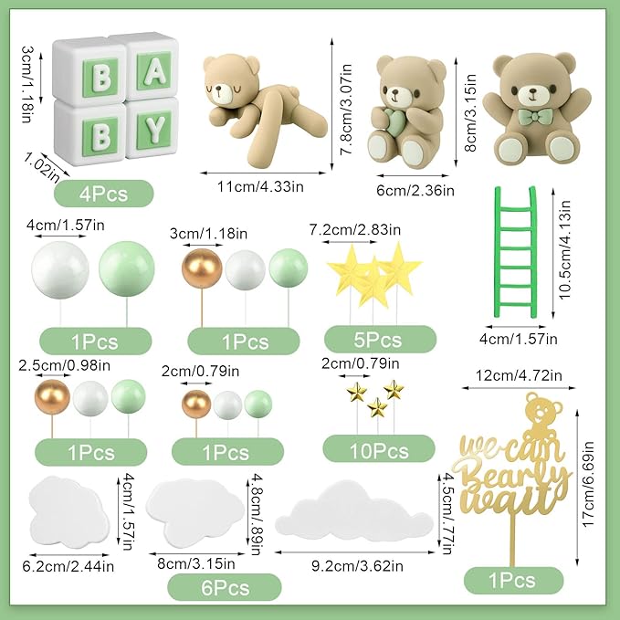 Yinder Bear Cake Toppers Mini Bear Cake Decorations Cake Toppers Gold White Pearl Ball for Birthday Party Decorations(Green, Brown,Cute Style)