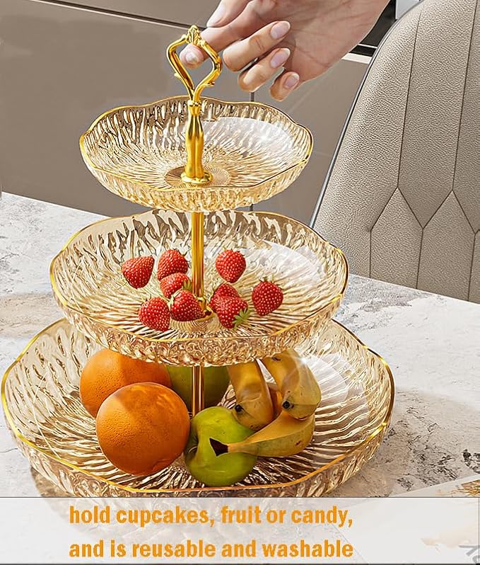 3 Tier Cupcake Stand, Plastic 3 Tiered Serving Stand, Dessert Tower Tray for Party, Birthday, Wedding, Gold