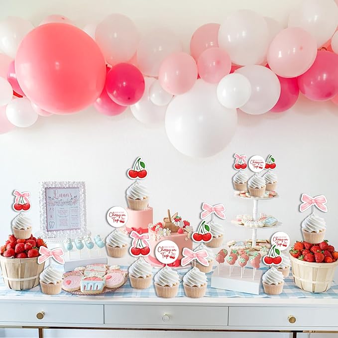36Pcs She's the Cherry on Top Cupcake Toppers Cherry on Top Baby Shower Cupcake Topper Cherry Bachelorette Cake Decor Summer Cherry Dessert Decor for Girls Women Bachelorette Birthday Baby Shower