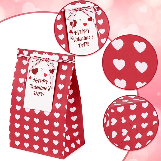 Fowecelt 24Pcs Valentines Day Gift Bags for Kids Red Party Favors Bags Goodie Snack Candy Paper Treat Bag with Cards for Valentines Party Favors Student Sclool Classroom Parties Decoration