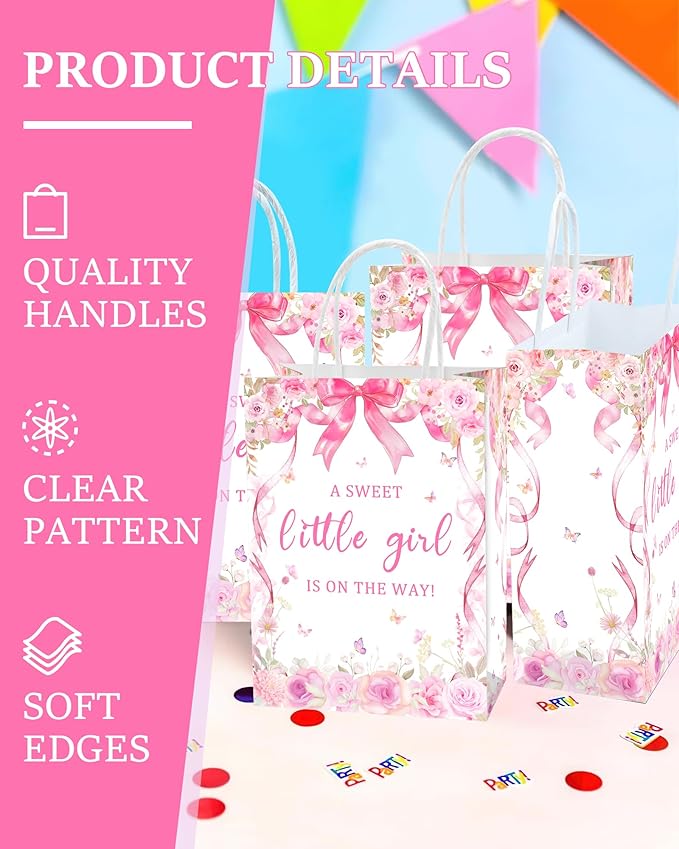 16 Pcs A Sweet Little Girl is on The Way Baby Shower Goodie Bag,Pink Bow Girls Gift Snacks Treat Candy Party Favors Bags for Pink Floral Theme Baby Shower Gender Reveal Party Decorations Supplies