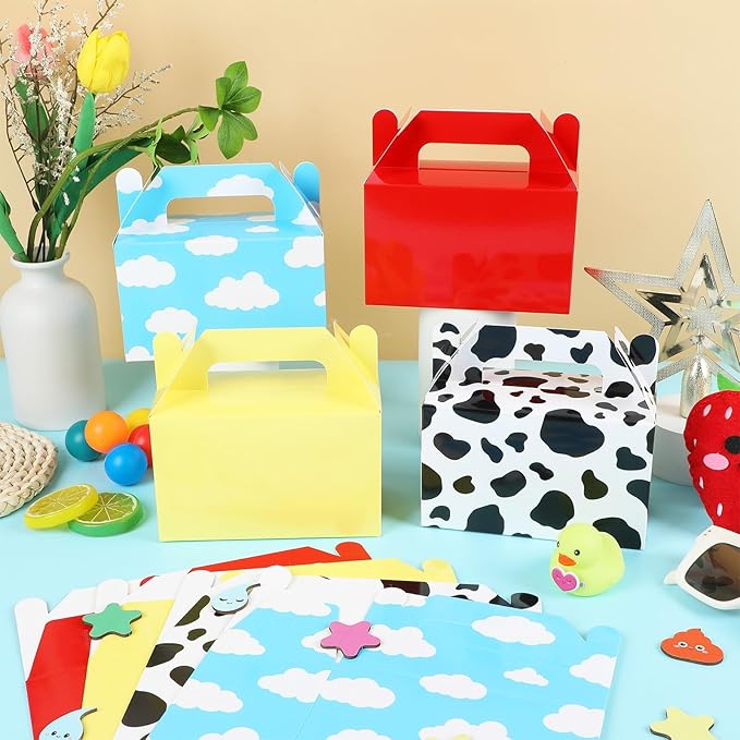 24Pcs Cartoon Story Birthday Party Favor Boxes for Toy Inspired Game Story Party Decorations Cow Print Sky Blue Cloud Treat Boxes Toy Party Goodies Boxes for Kids Baby Shower Party Supplies 5.9×5.9×3
